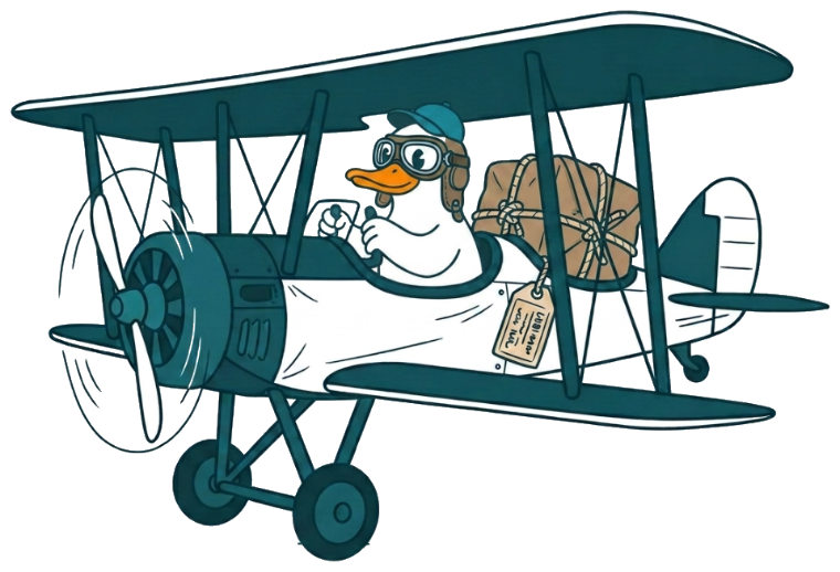 Mascotte FrenchShopper : un canard pilote son biplan, un colis étiqueté à bord