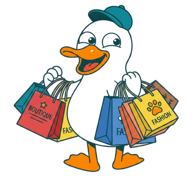 Mascotte FrenchShopper les ailes chargées de sacs de boutiques