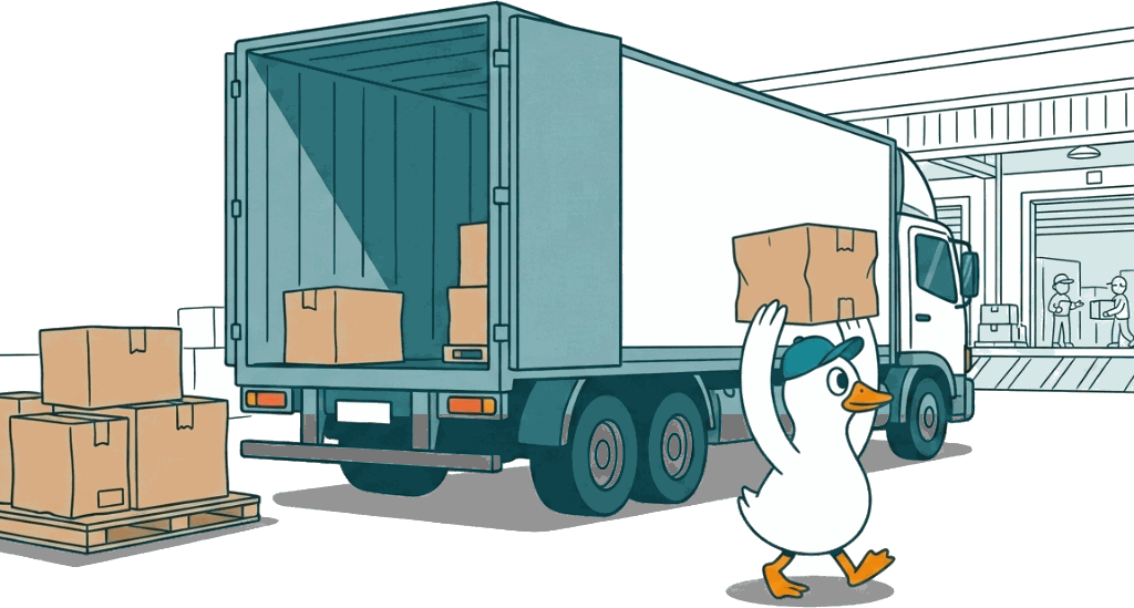 La mascotte FrenchShopper porte un colis vers le camion au quai de chargement