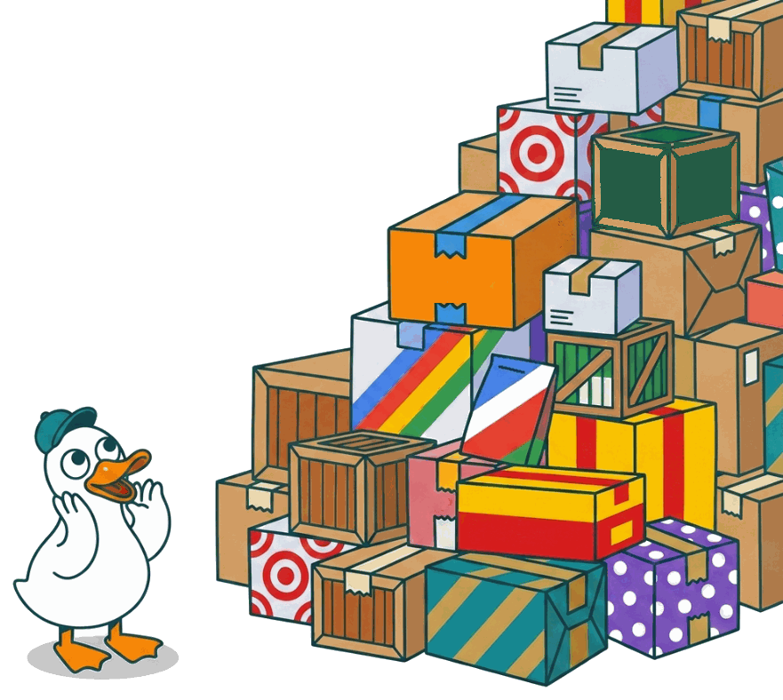 La mascotte FrenchShopper émerveillée devant une pile de colis de toutes les enseignes